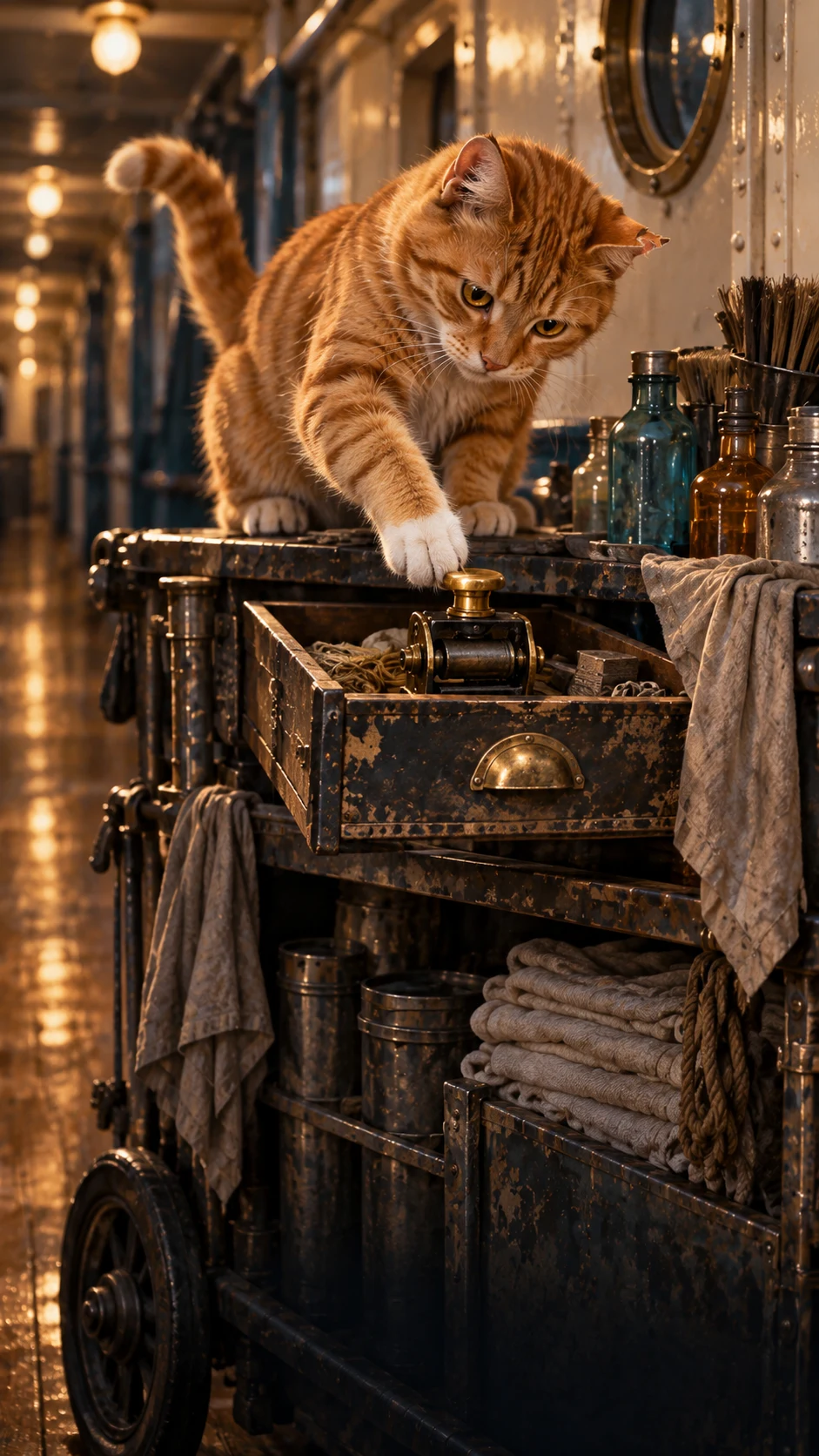 Bucket, an orange cat with a white paw, investigating the Venture Drawer